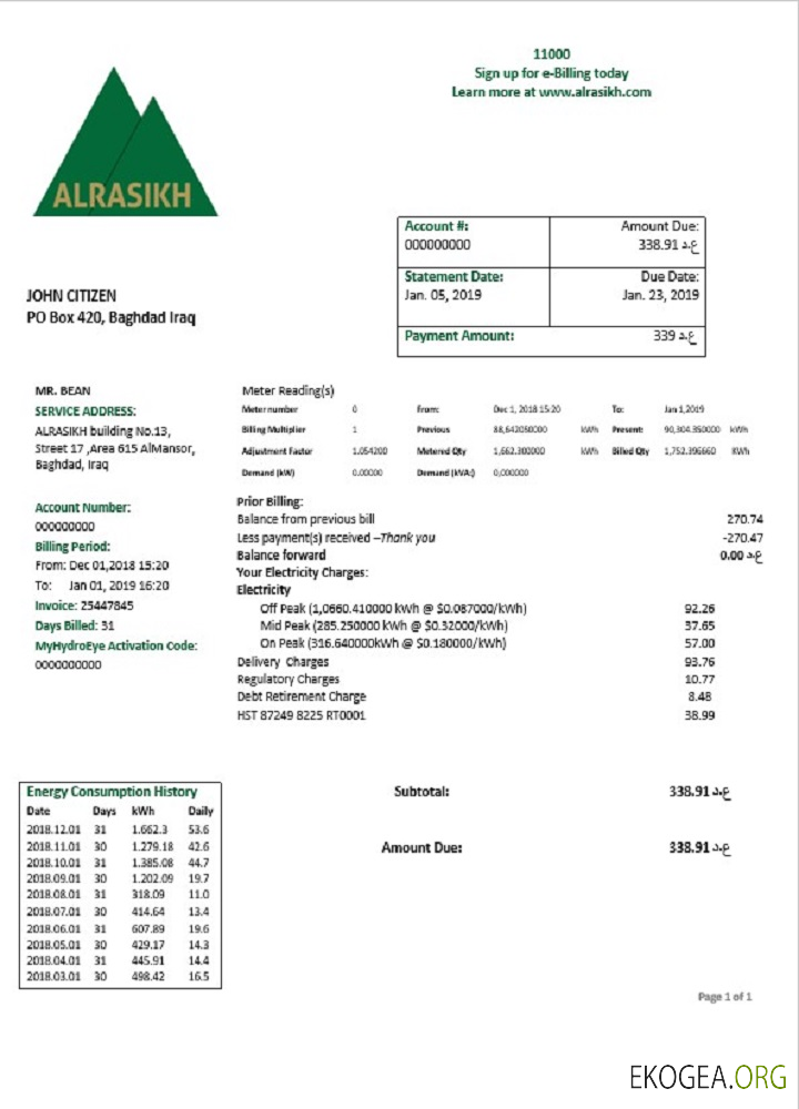 Iraq AlRasikh electricity utility bill